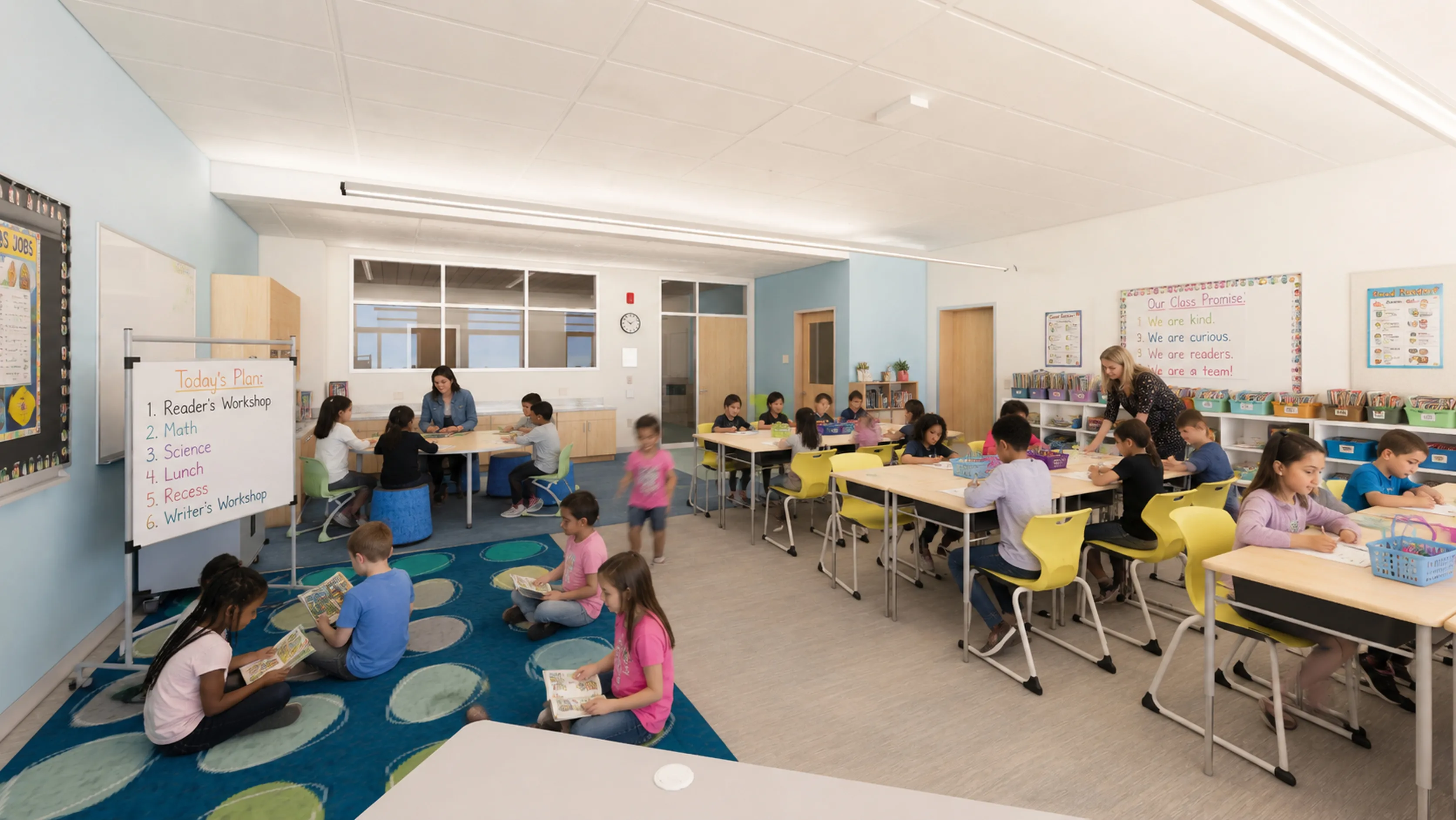 Rendering of a grades 3–5 classroom in the new Killam: desks in small clusters, a whiteboard with the day's plan, classroom library shelves and a reading rug.