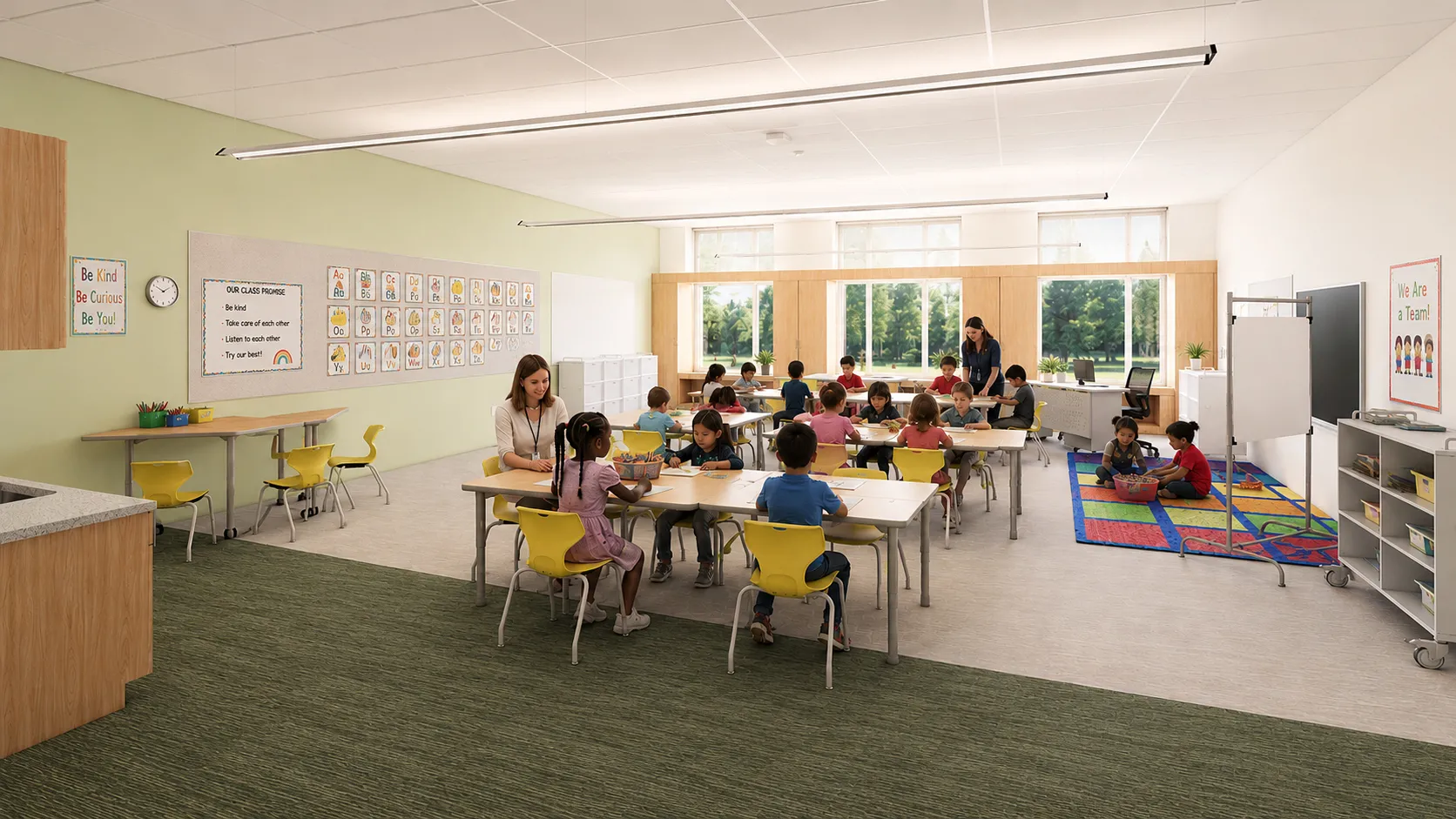 Rendering of a K–2 classroom in the new Killam: shared tables with yellow chairs, an alphabet wall and class promise board, a rug corner for reading, and a wall of windows to the field.