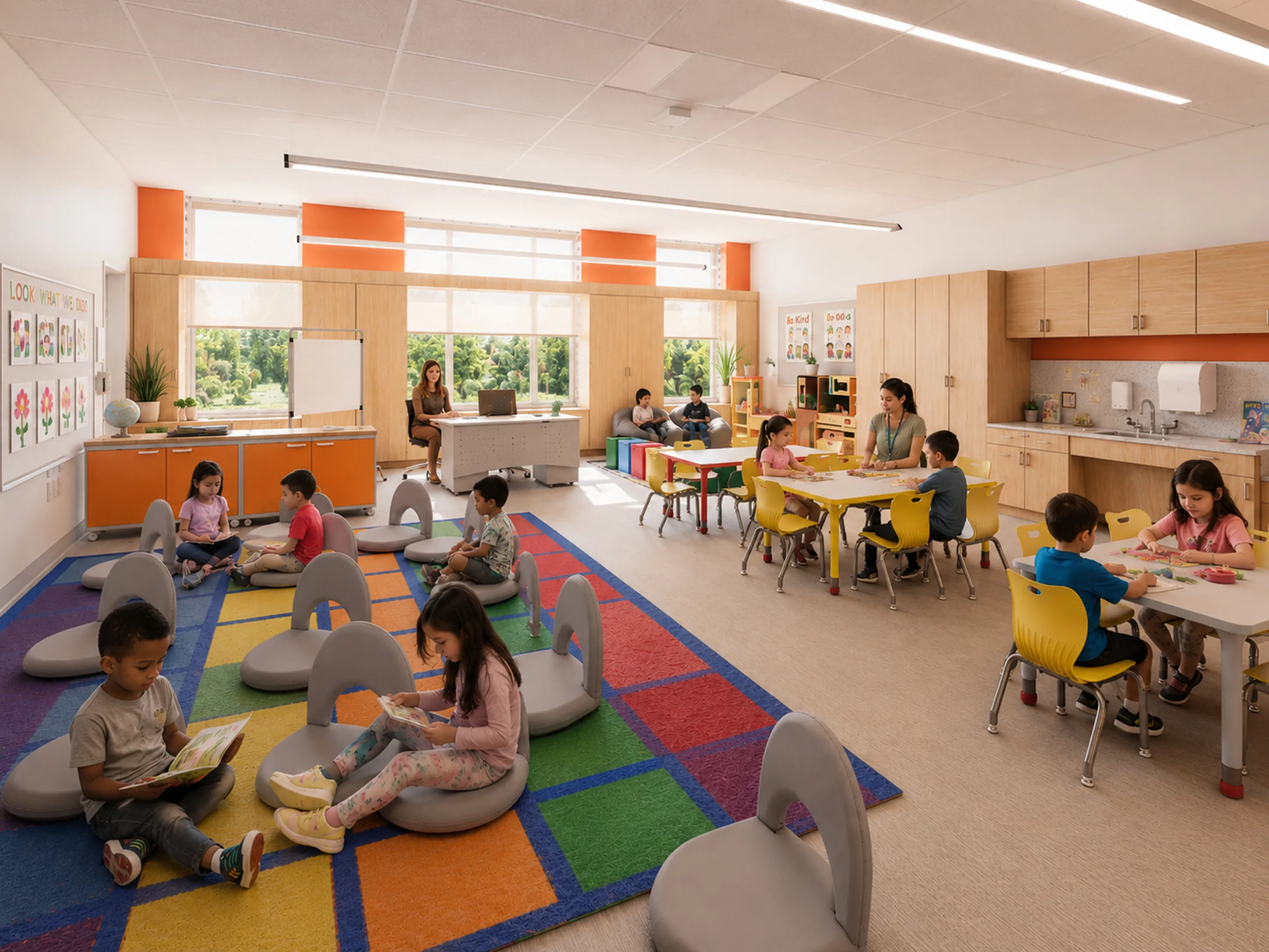 Rendering of a RISE Preschool classroom in the new Killam: a rainbow rug with floor seats for circle time, small group tables, a play kitchen, a sink and cubbies, with big windows onto the trees.