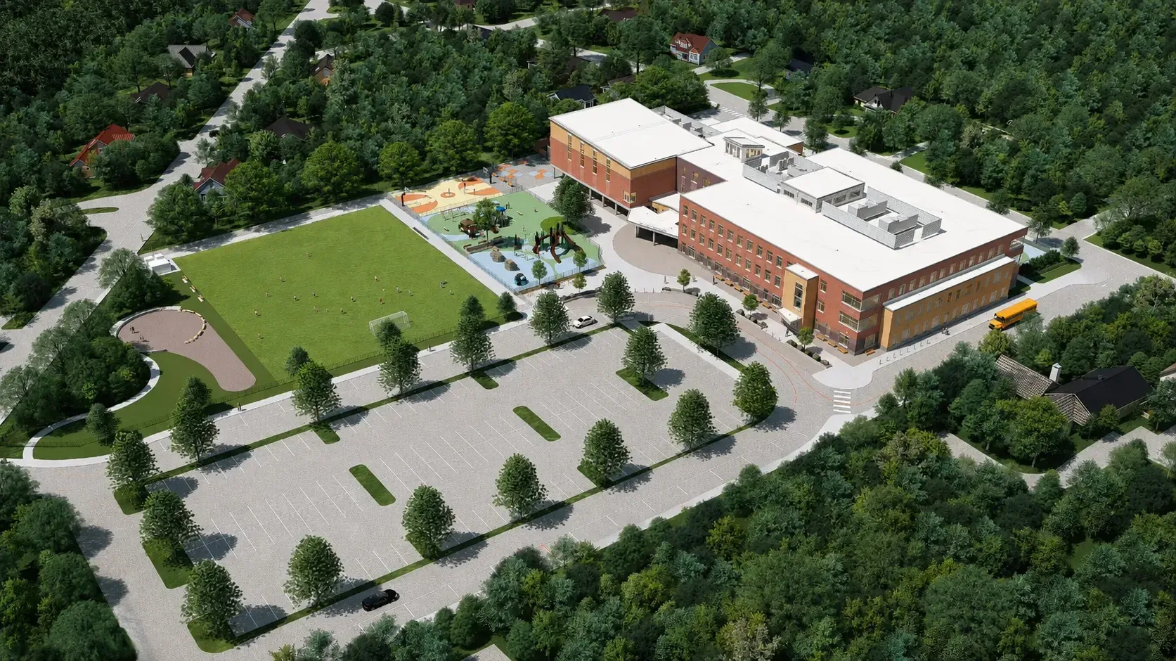Rendering of the new Killam Elementary School from above: new building, play areas and reconfigured parking on the same site