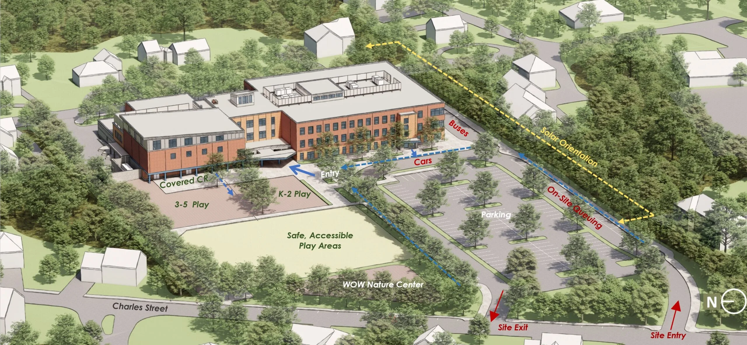 Annotated aerial rendering of the new Killam school site. Markers highlight the building, entry, play areas, parking and circulation, described in the panel beside the image.