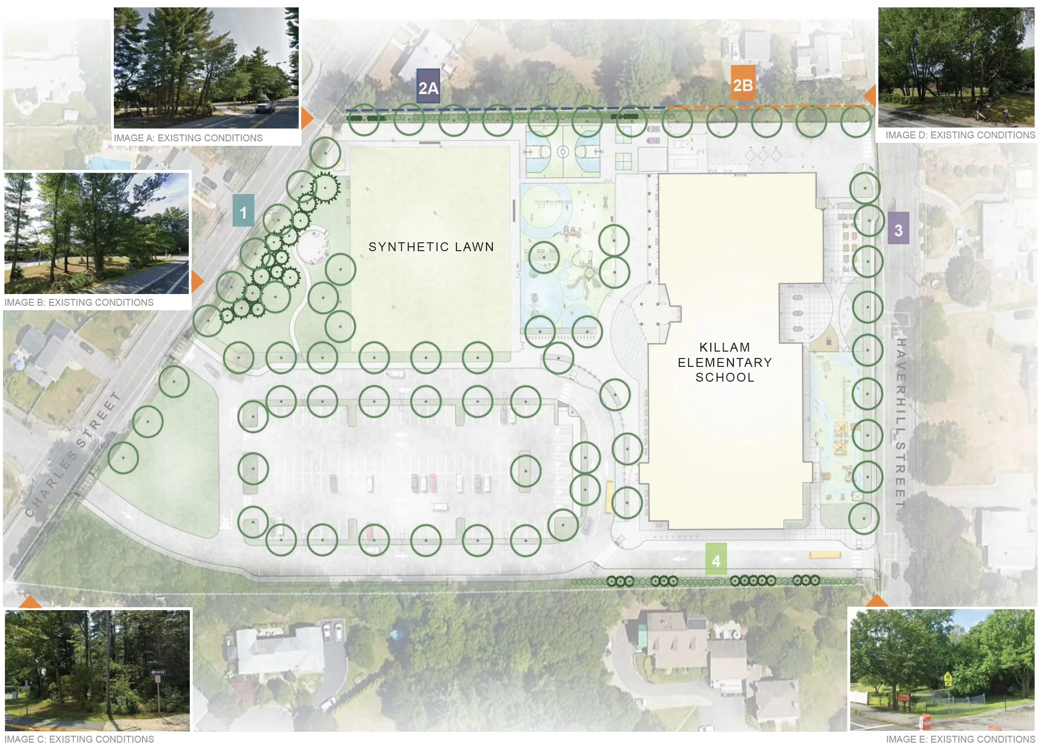 Terraink planting plan for the new Killam site. Markers locate the naturalized vegetation buffer, fence-line shrub and tree plantings, deciduous street trees and understory shrub plantings described in the panel beside the plan.